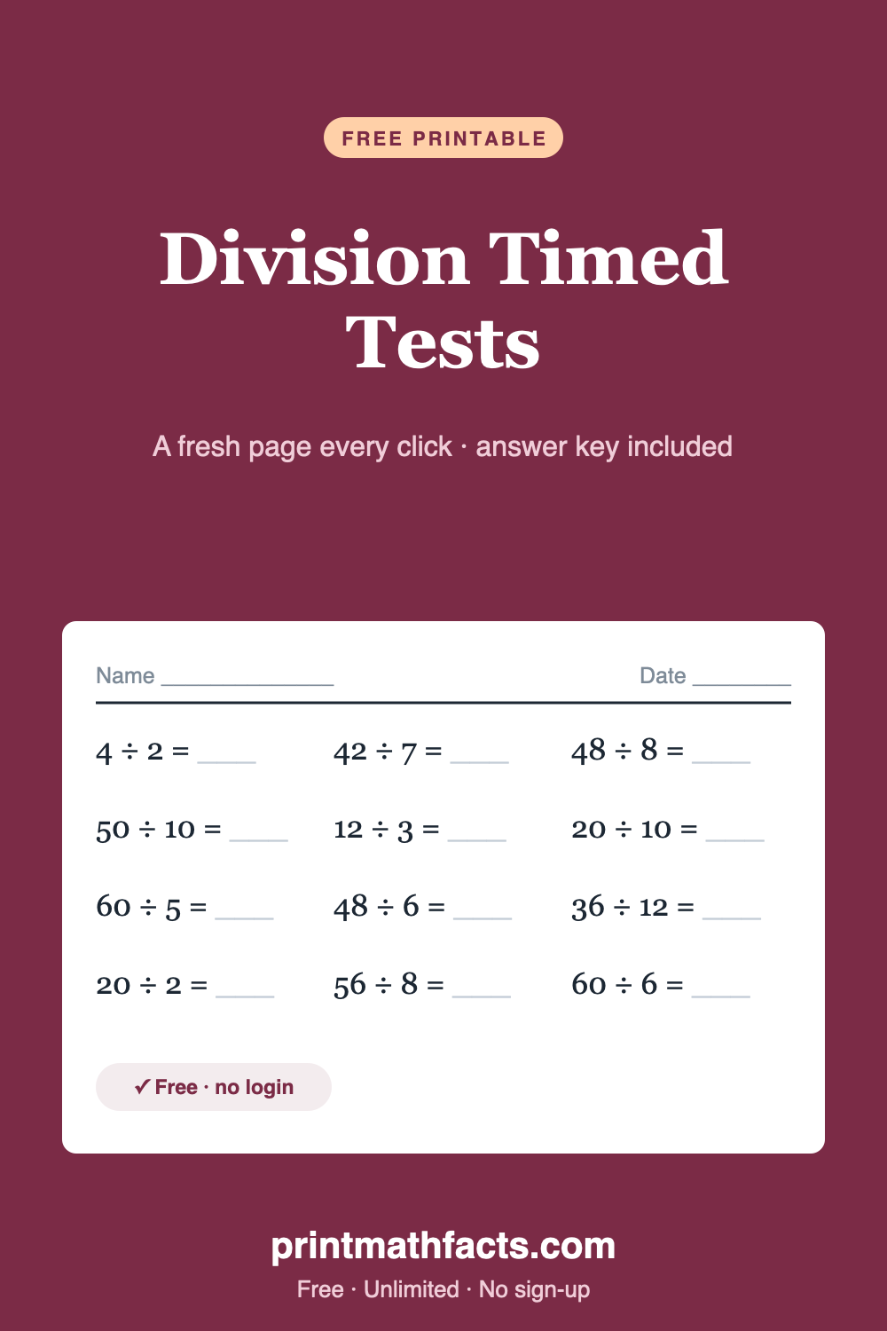 Division Timed Tests — FREE Printable, Unlimited Versions