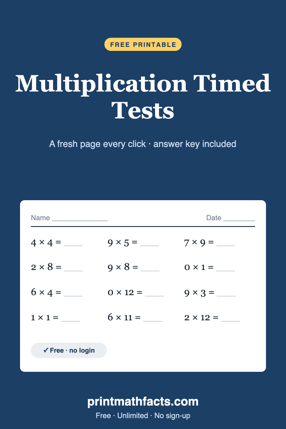 Multiplication Timed Tests — FREE Printable, Unlimited Versions