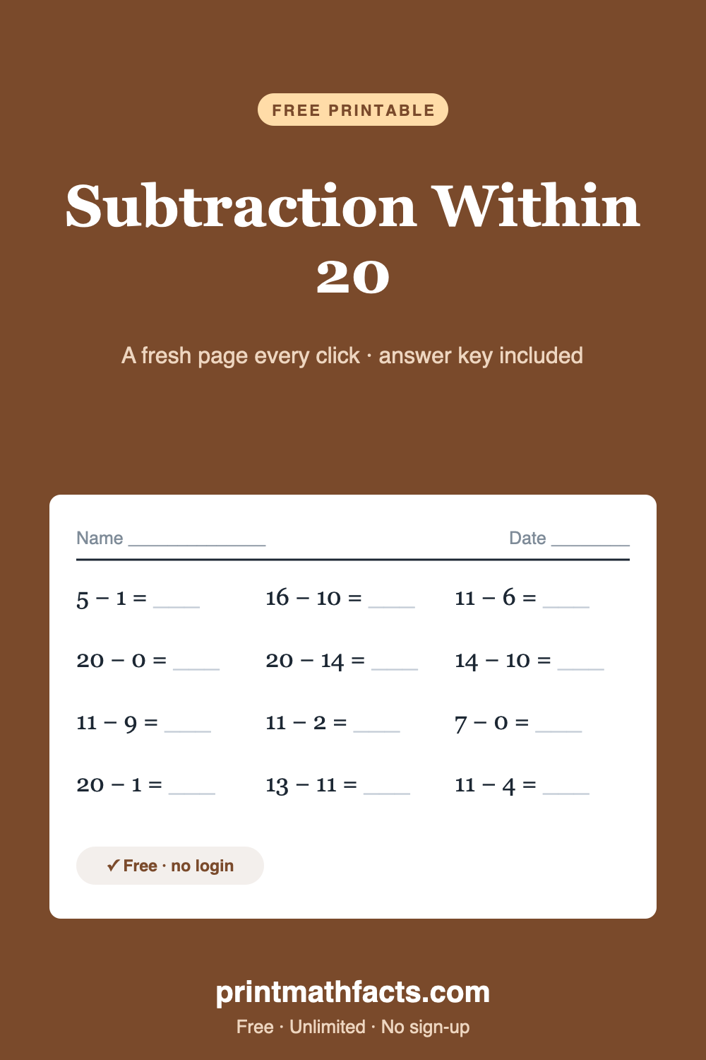 Subtraction Within 20 — FREE Printable, Unlimited Versions
